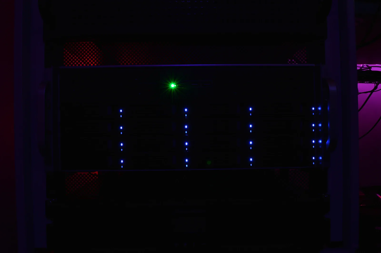 Secure server room with modern lighting representing hosting security